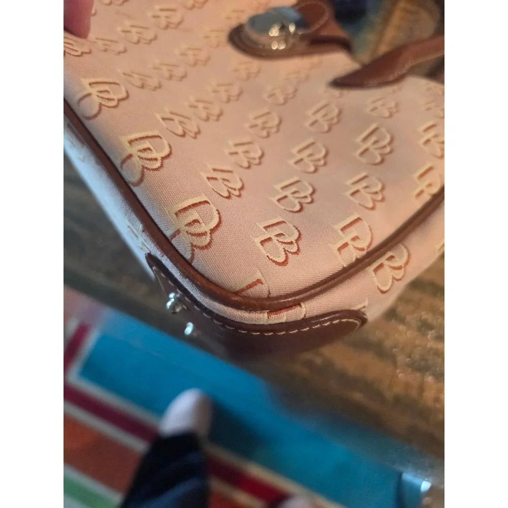 Dooney & Bourke Signature Monogram Beige Canvas Satchel Bag Brown Leather Trim